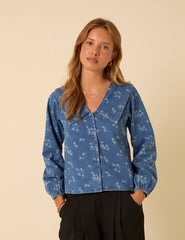 Denim Long Sleeve Floral Printed Blouse