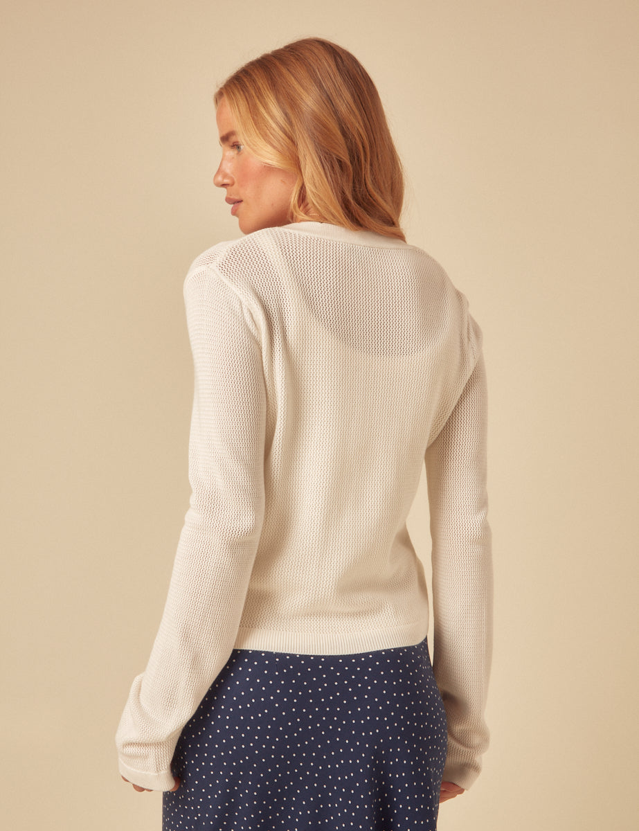 White Pointelle Knitted Cardigan