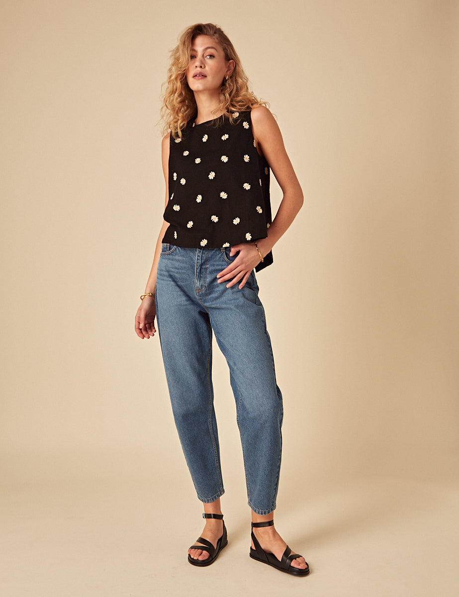 Elizabeth Scarlett Black Daisy Embroidered Swing Top
