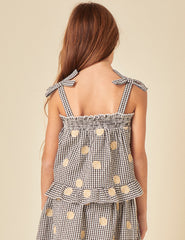 Elizabeth Scarlett Girls Black Gingham Shell Embroidered Top