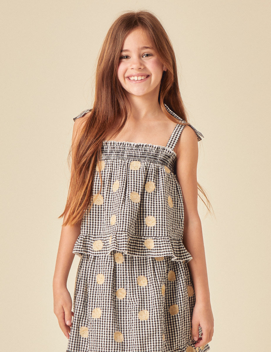 Elizabeth Scarlett Girls Black Gingham Shell Embroidered Top