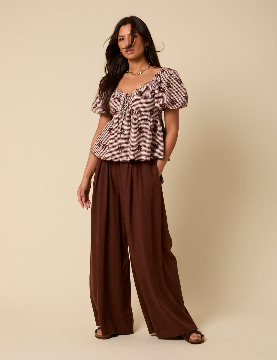 Brown Gingham Embroidered Top