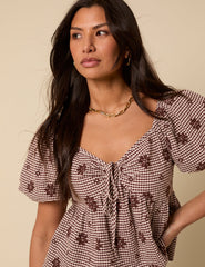 Brown Gingham Embroidered Top