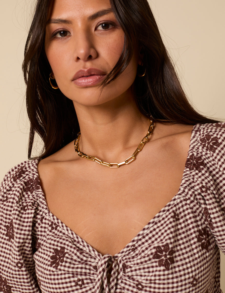 Brown Gingham Embroidered Top