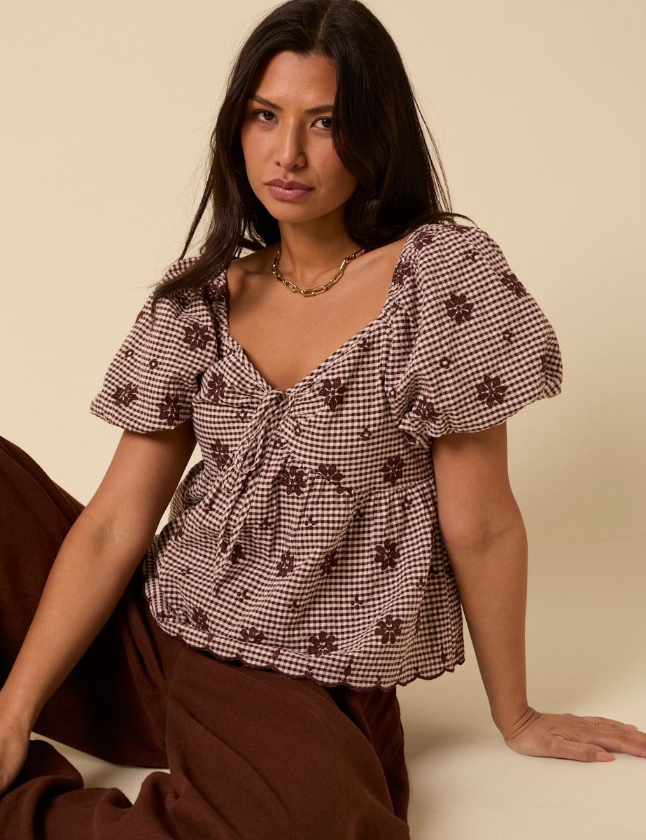 Brown Gingham Embroidered Top