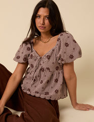 Brown Gingham Embroidered Top