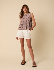 Brown Gingham Embroidered Peplum Top