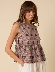 Brown Gingham Embroidered Peplum Top