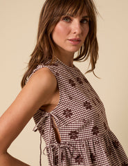 Brown Gingham Embroidered Peplum Top