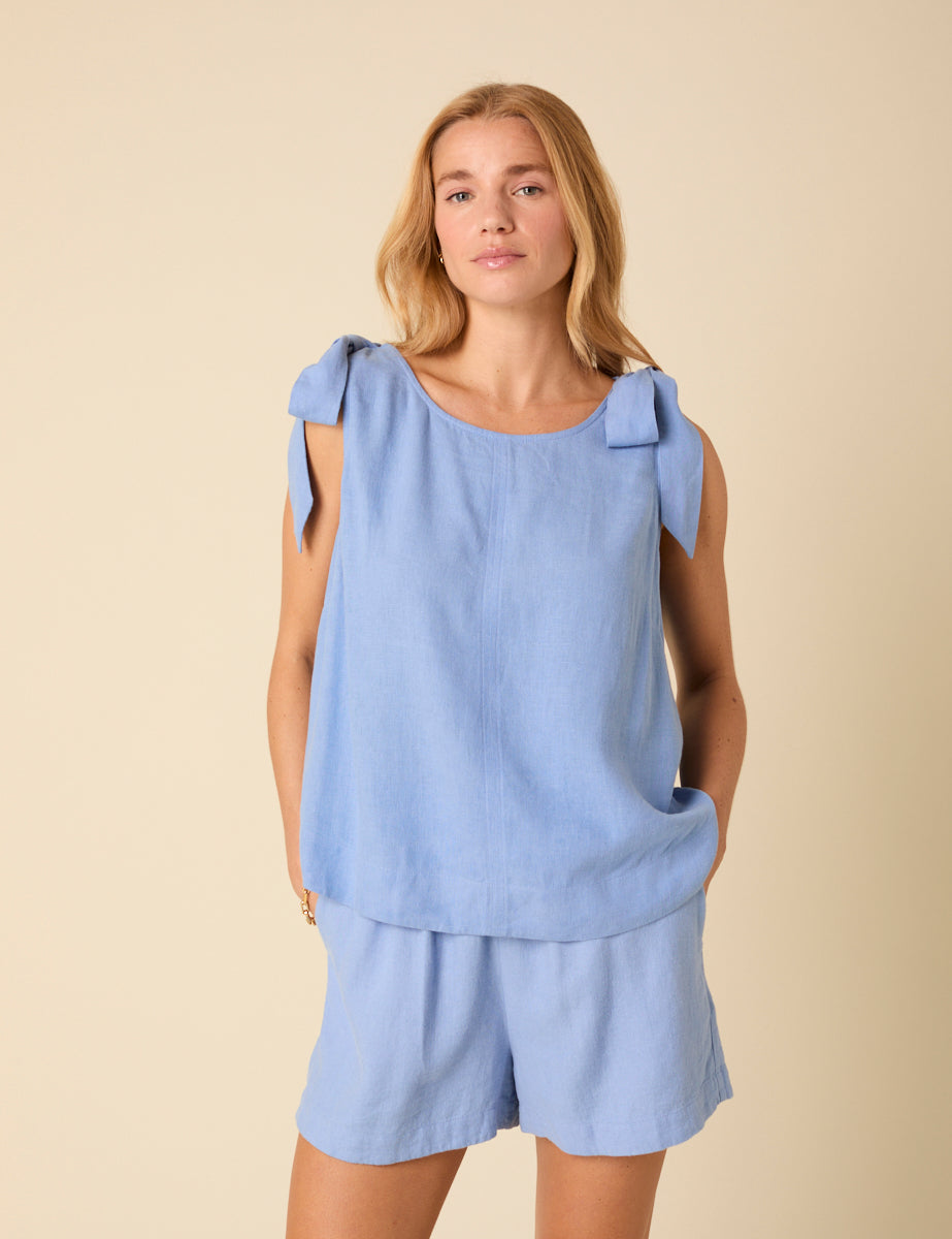 Blue Linen-blend Tie Shoulder Swing Top