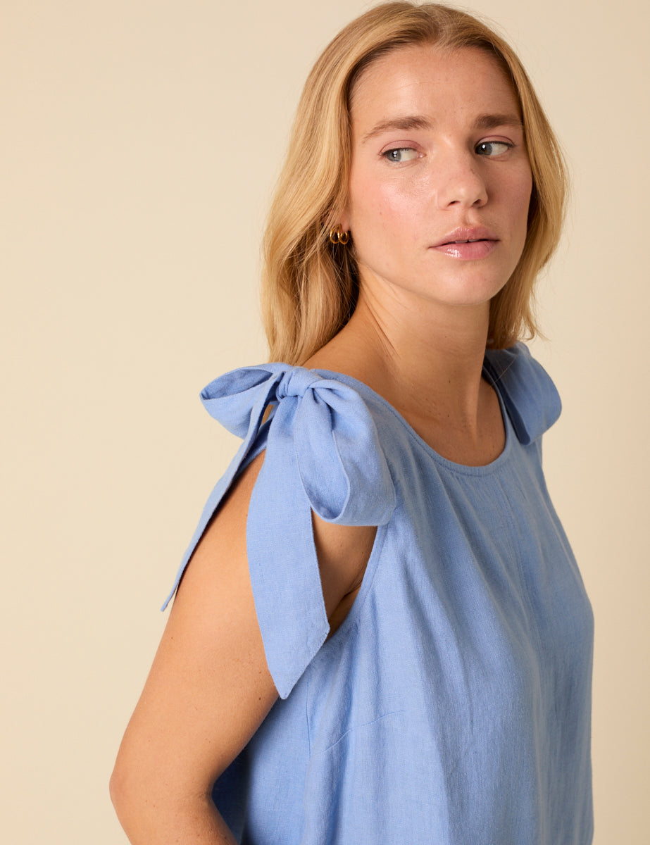 Blue Linen-blend Tie Shoulder Swing Top
