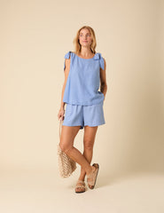 Blue Linen-blend Tie Shoulder Swing Top