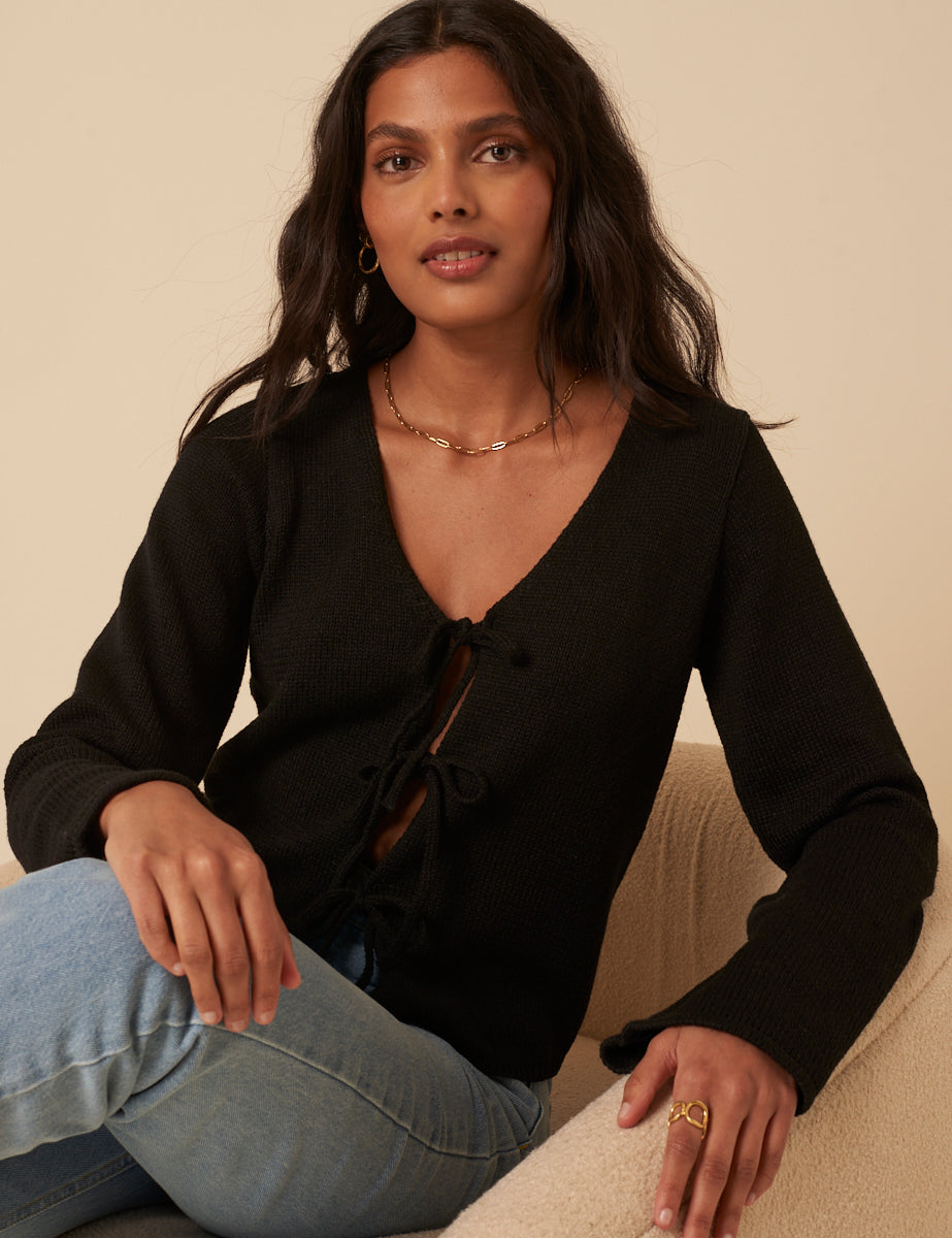 Black Tie Front Knitted Cardigan