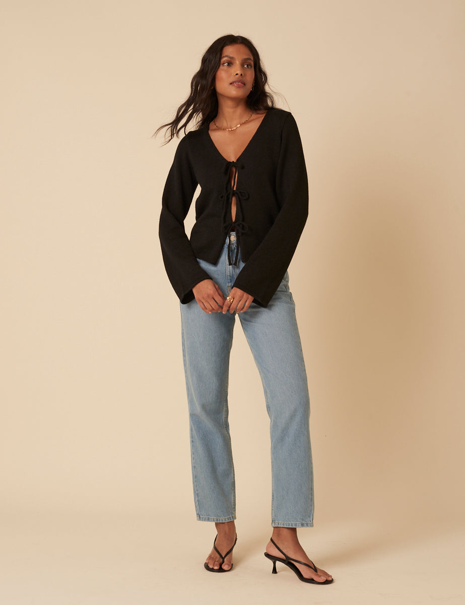 Black Tie Front Knitted Cardigan