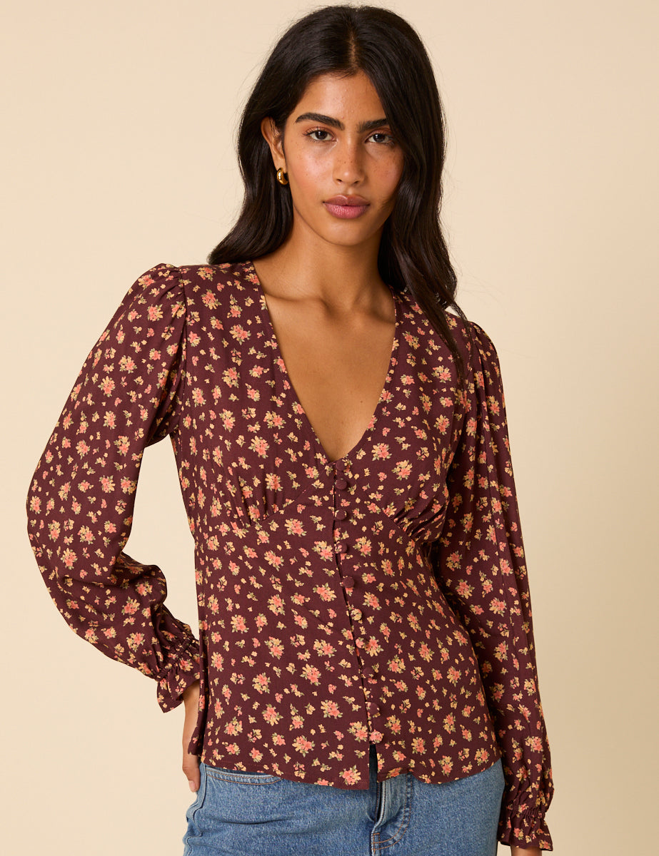 Brown Ditsy Floral Top