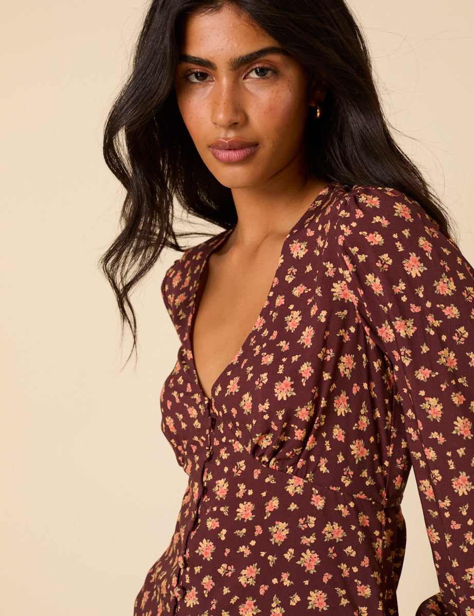 Brown Ditsy Floral Top