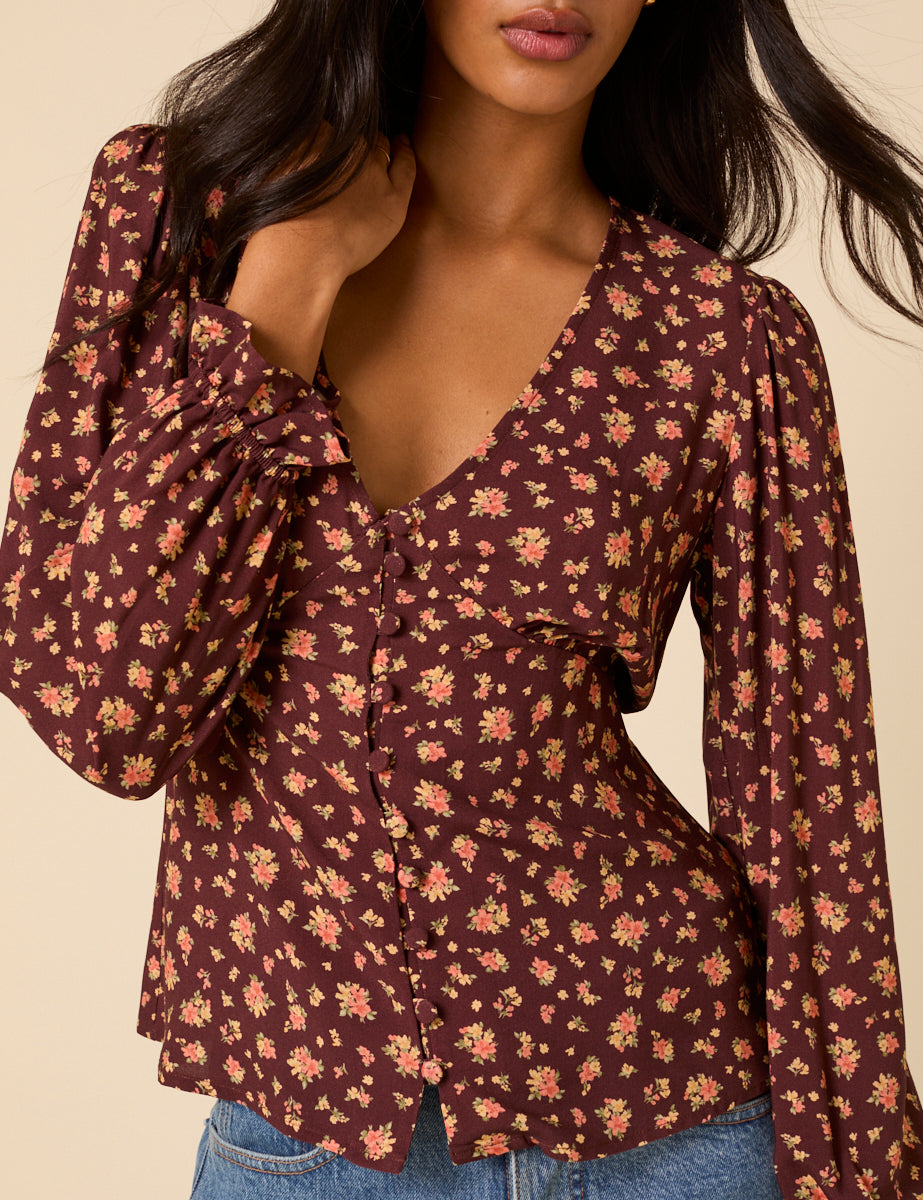 Brown Ditsy Floral Top
