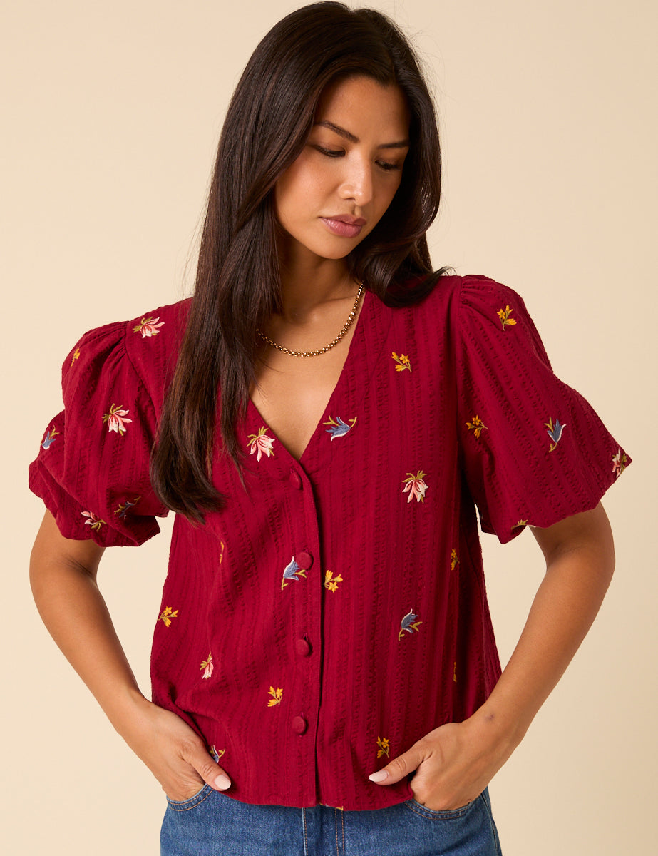 Red Puff Sleeve Embroidered Blouse
