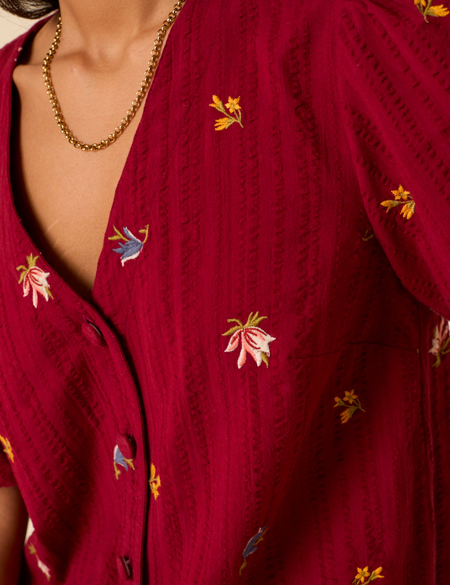 Red Puff Sleeve Embroidered Blouse