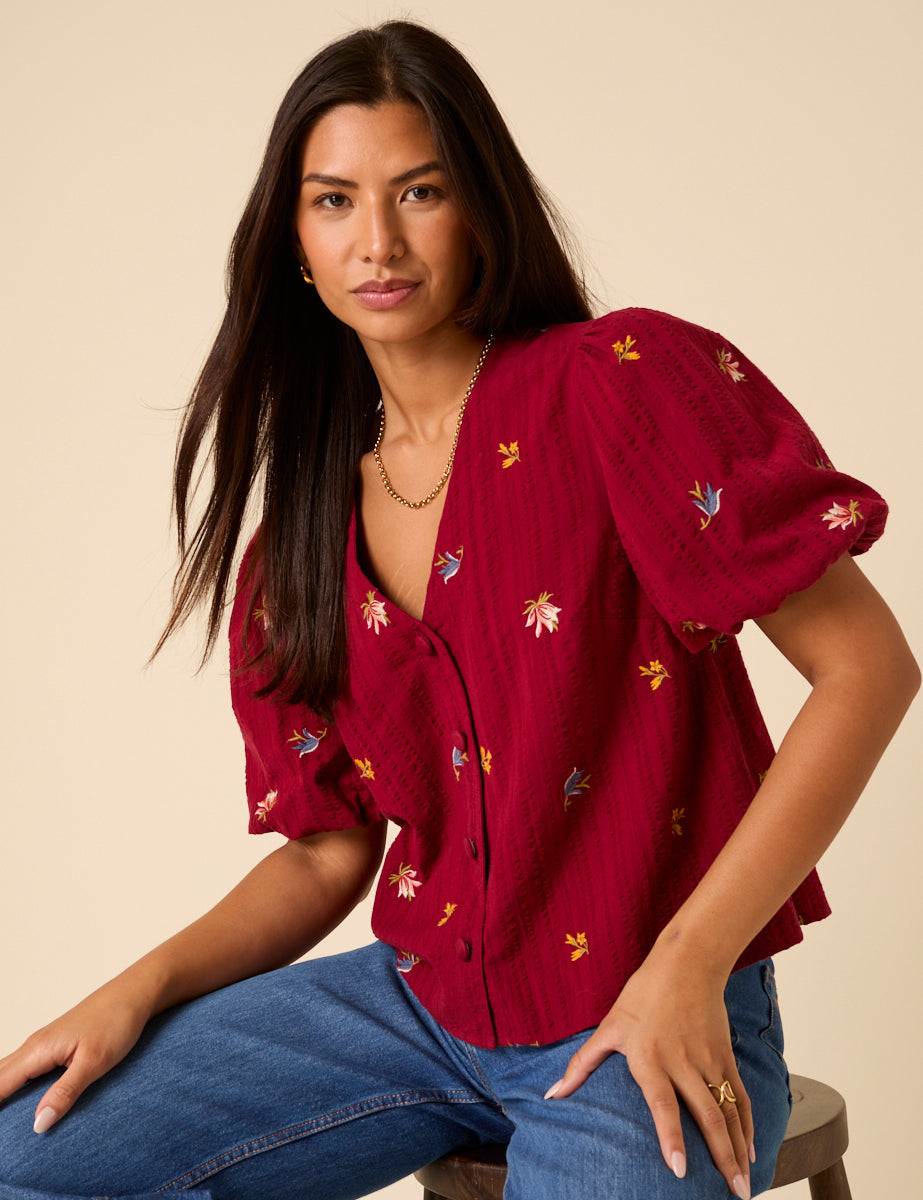 Red Puff Sleeve Embroidered Blouse