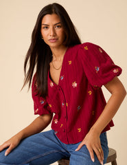 Red Puff Sleeve Embroidered Blouse
