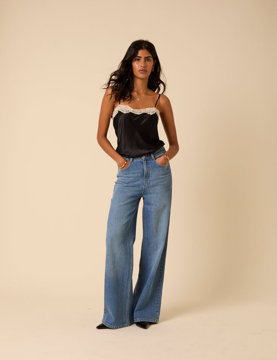 Black Satin Lace Cami Top