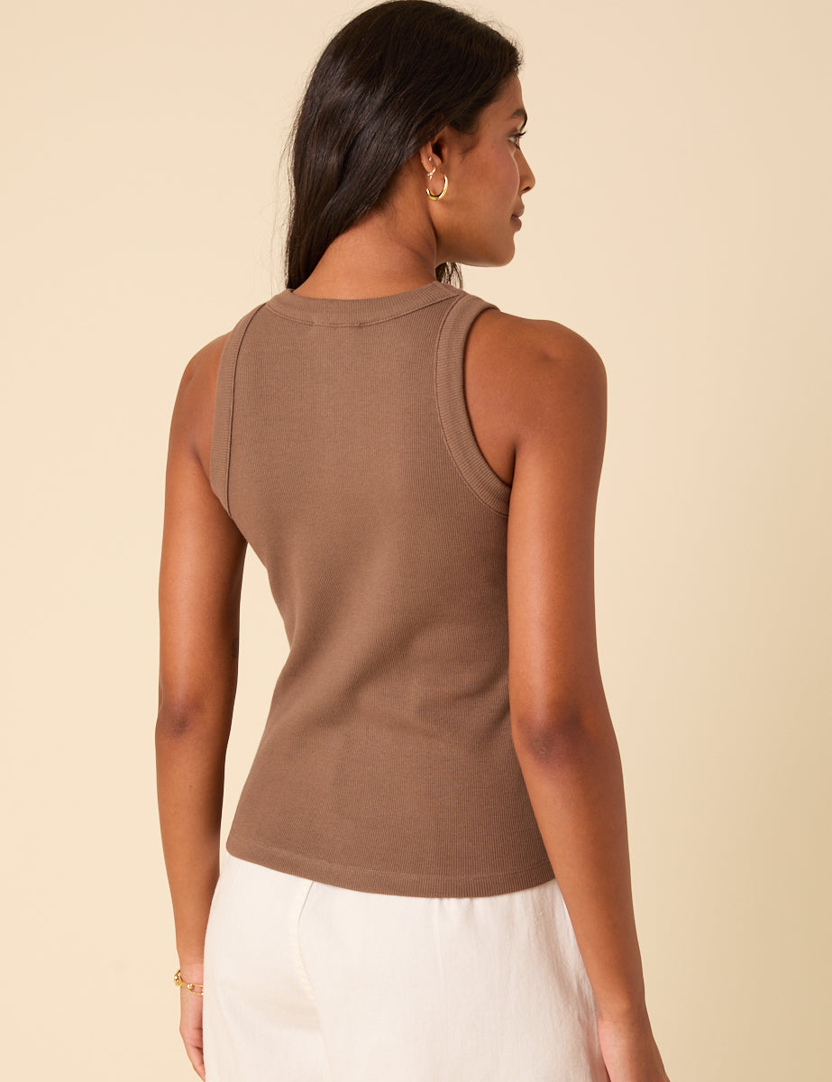 Brown Ribbed Racer Vest Top