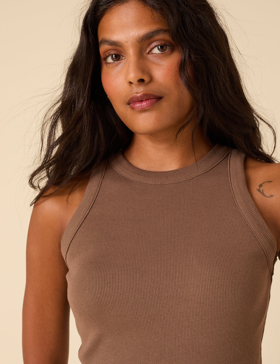 Brown Ribbed Racer Vest Top