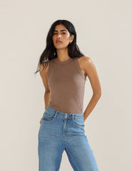 Brown Ribbed Racer Vest Top