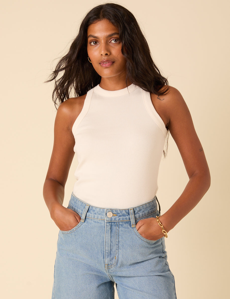 Cream Ribbed Racer Vest