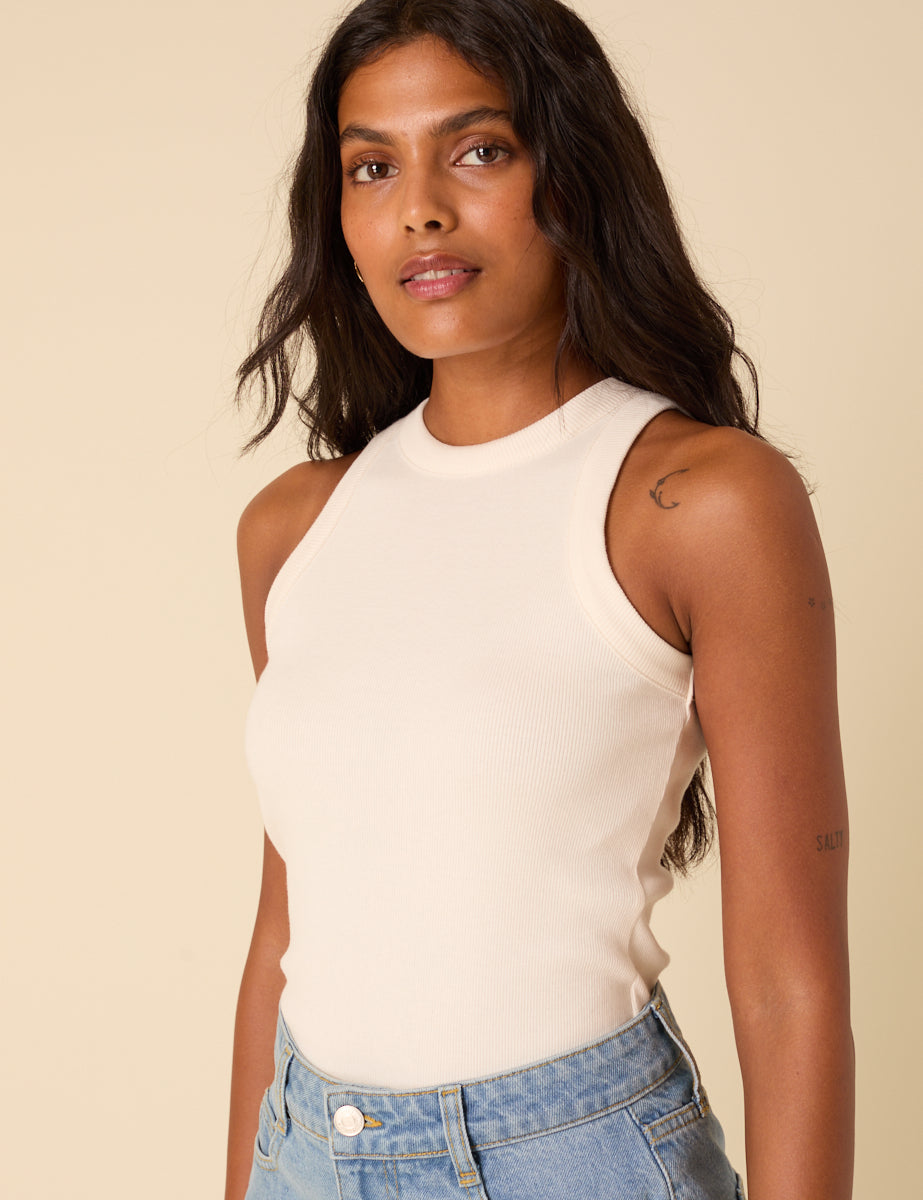 Cream Ribbed Racer Vest