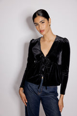 Black Velvet Tie Front Top