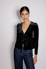 Black Velvet Tie Front Top