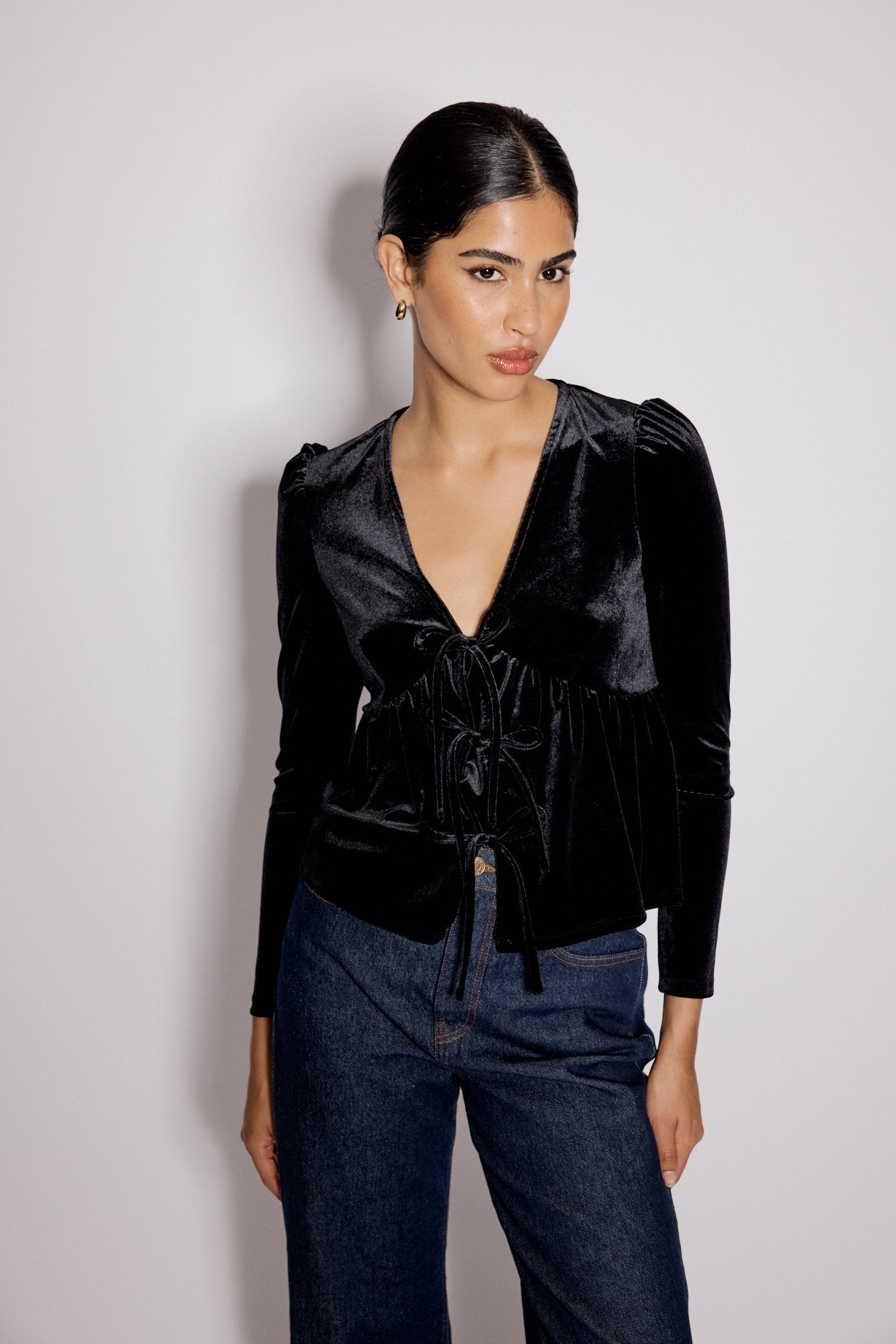 Black Velvet Tie Front Top