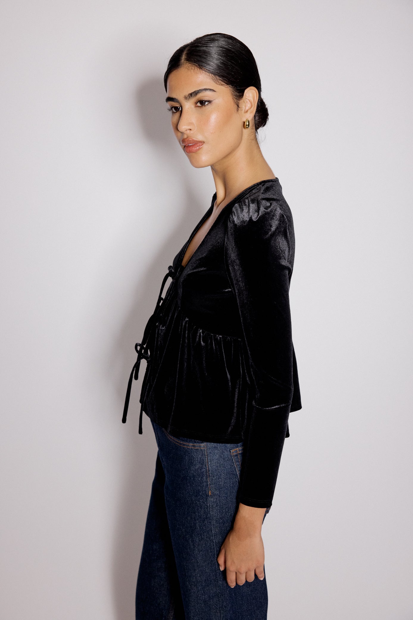 Black Velvet Tie Front Top