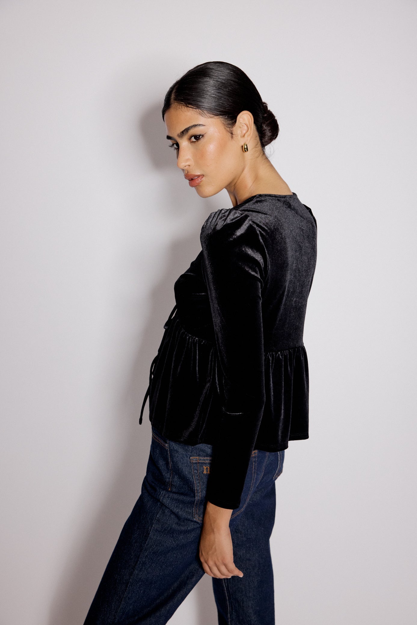 Black Velvet Tie Front Top