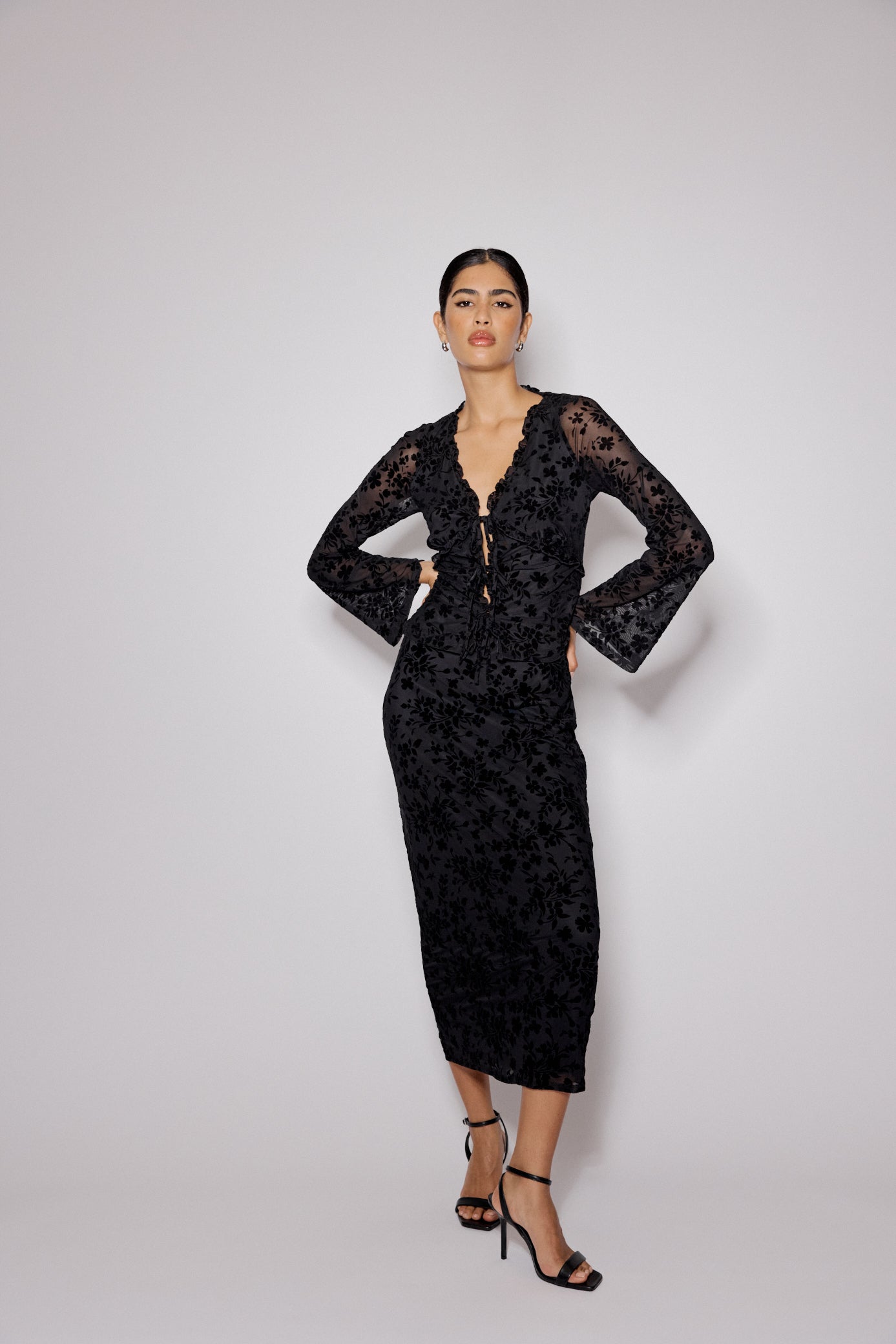 Black Floral Jacquard Frill Top