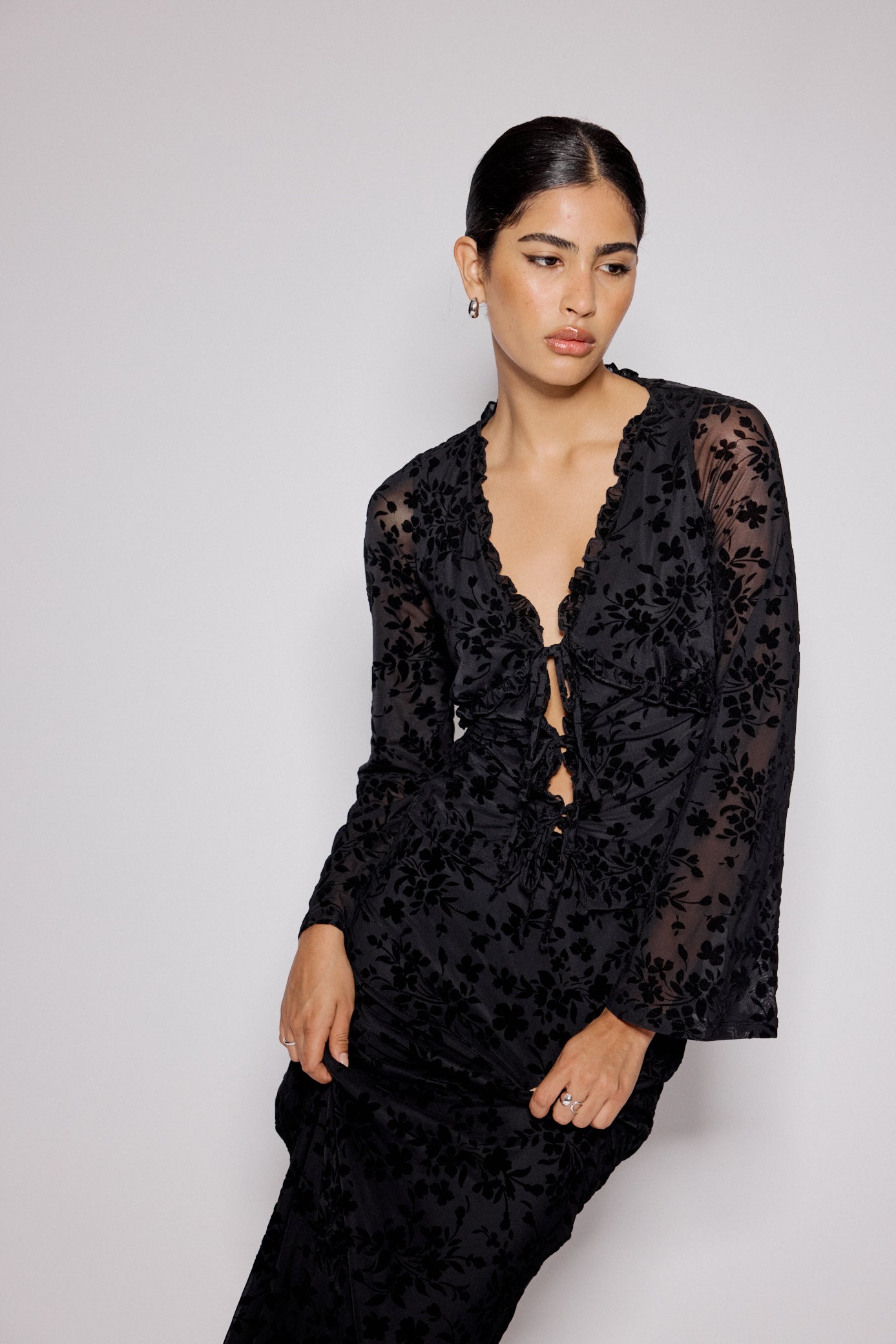 Black Floral Jacquard Frill Top
