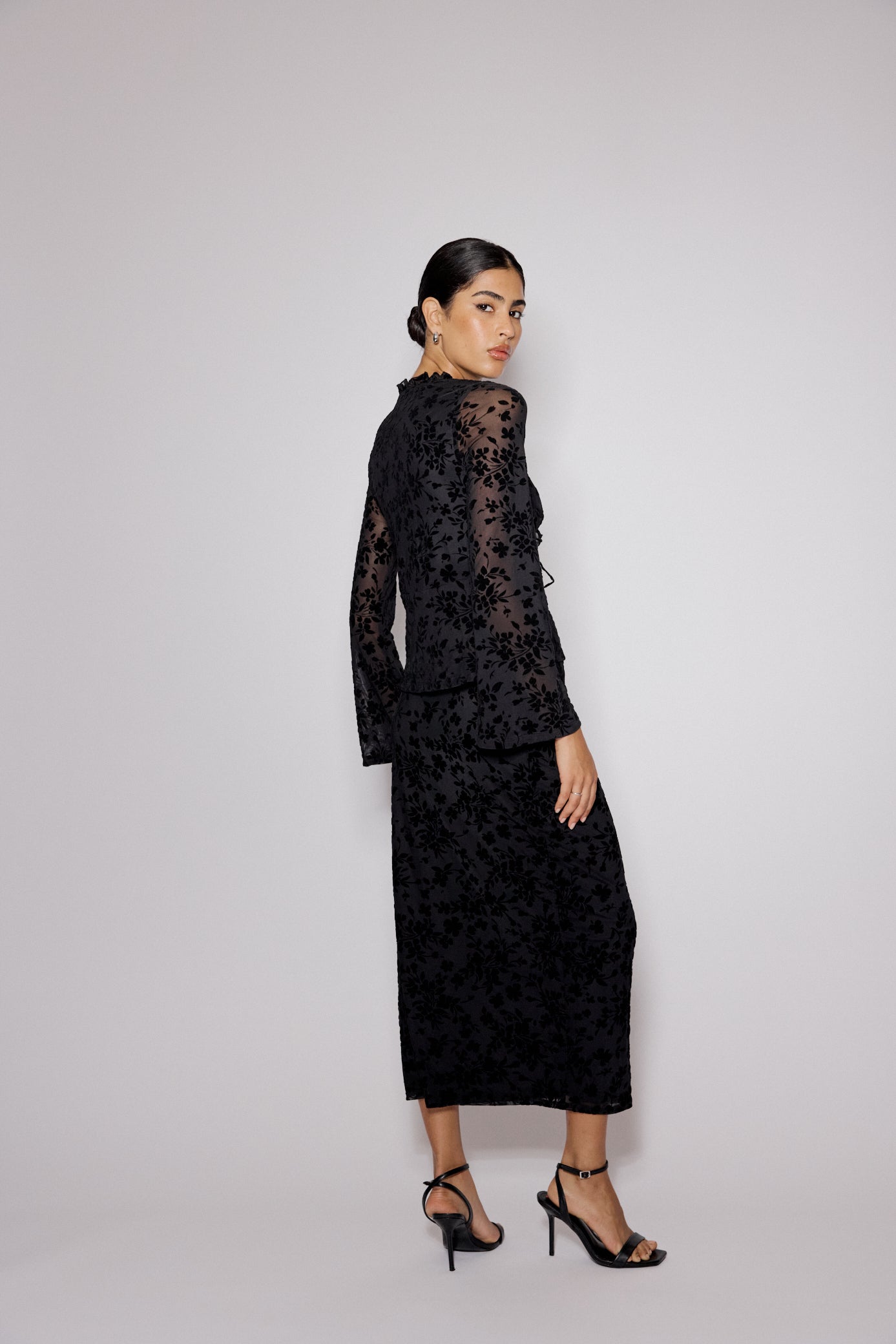 Black Floral Jacquard Frill Top