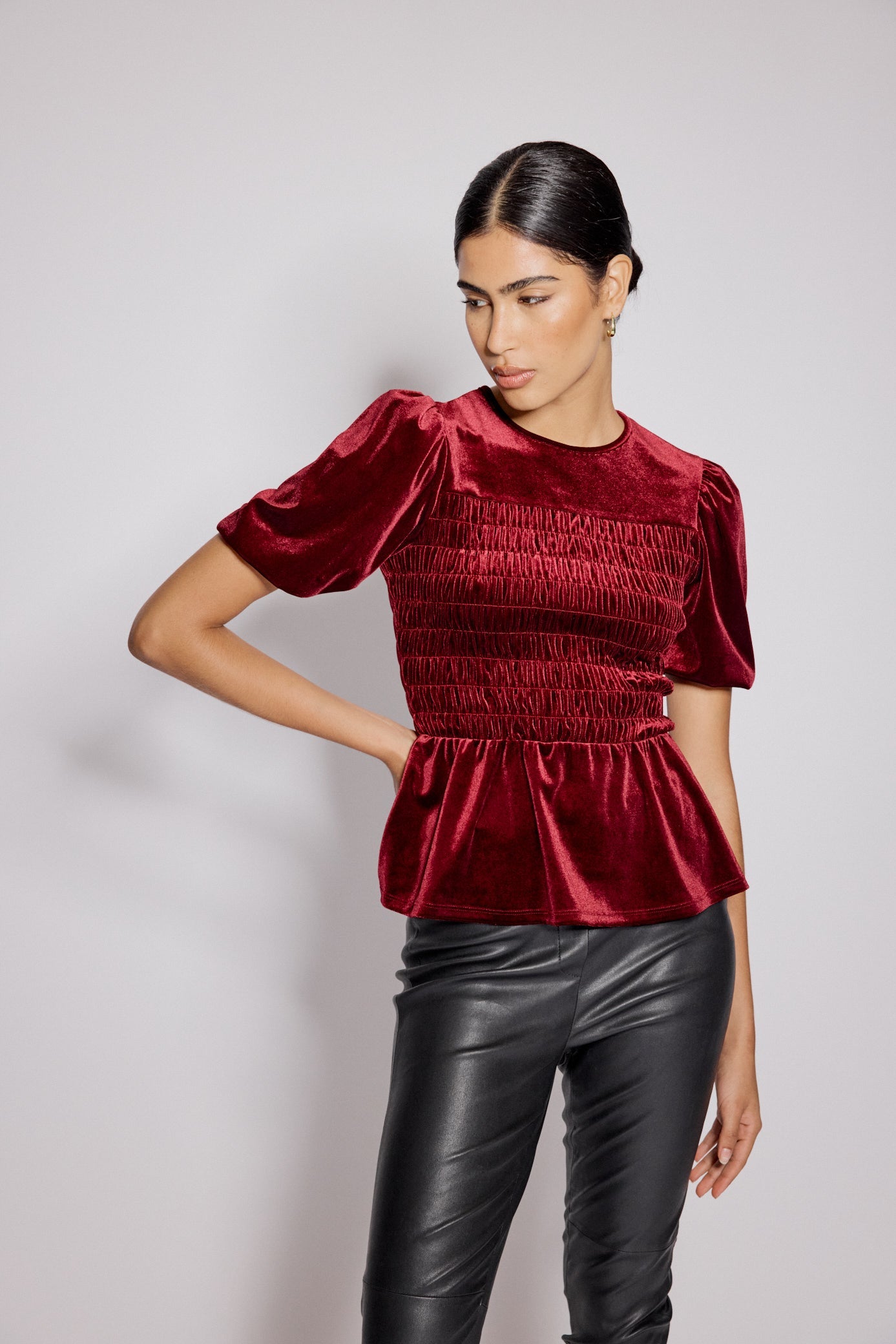 Red Velvet Puff Sleeve Peplum Top