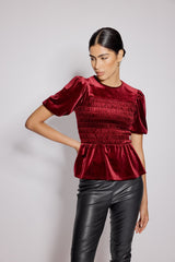 Red Velvet Puff Sleeve Peplum Top