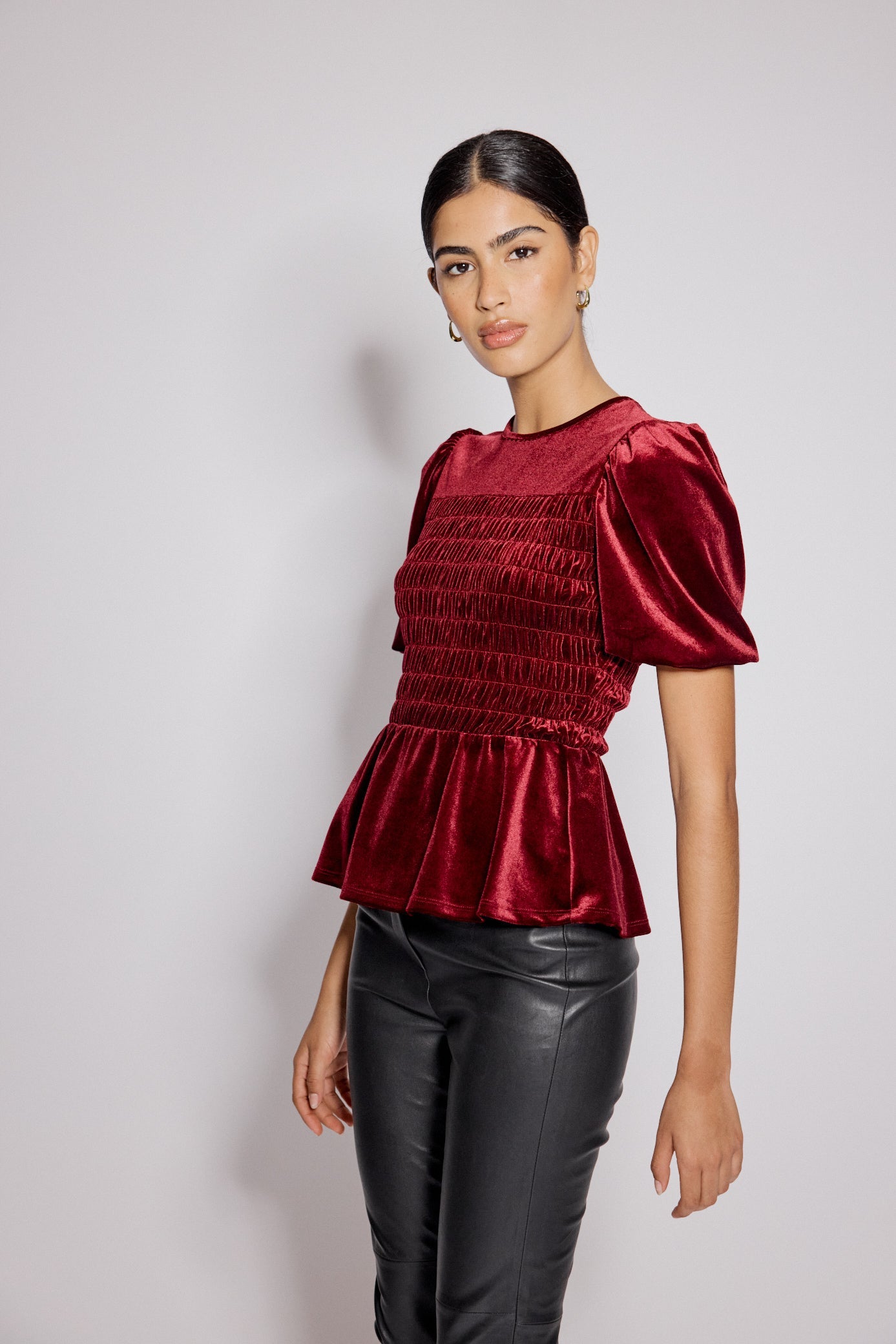 Red Velvet Puff Sleeve Peplum Top