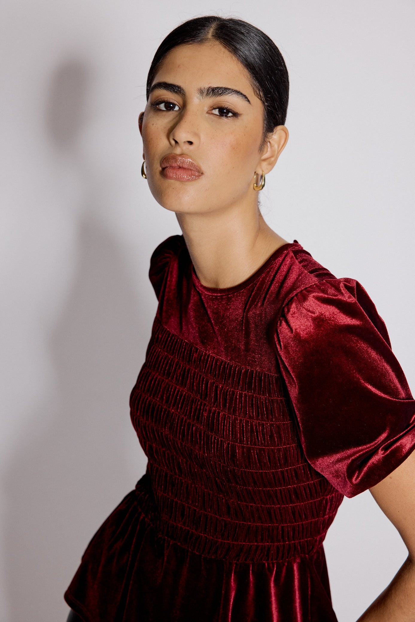 Red Velvet Puff Sleeve Peplum Top