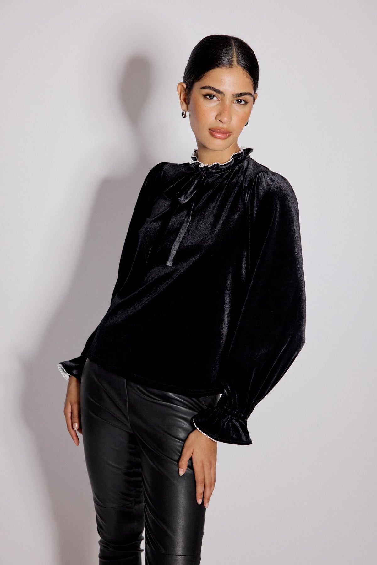 Black Velvet Frill Trim Blouse
