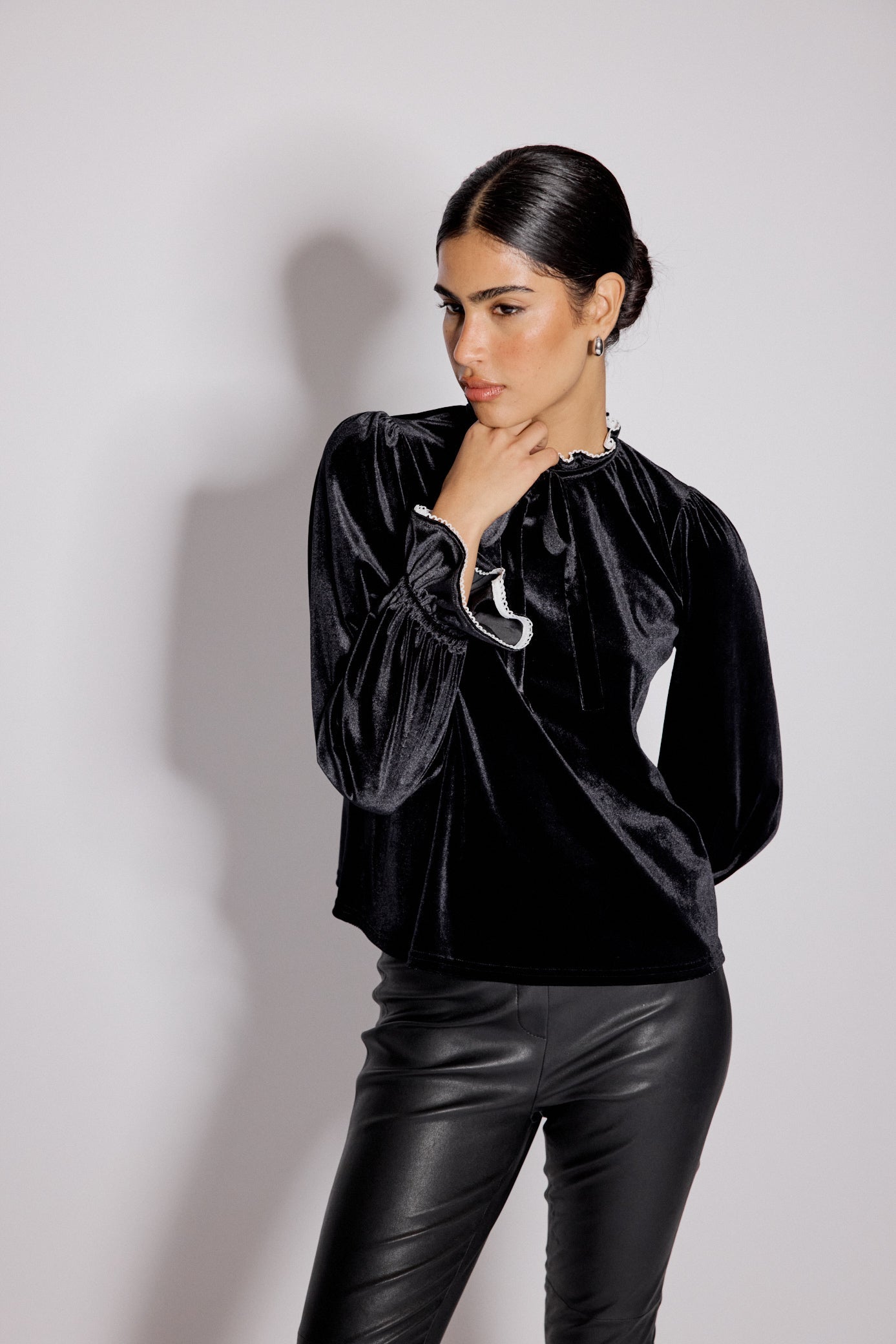 Black Velvet Frill Trim Blouse