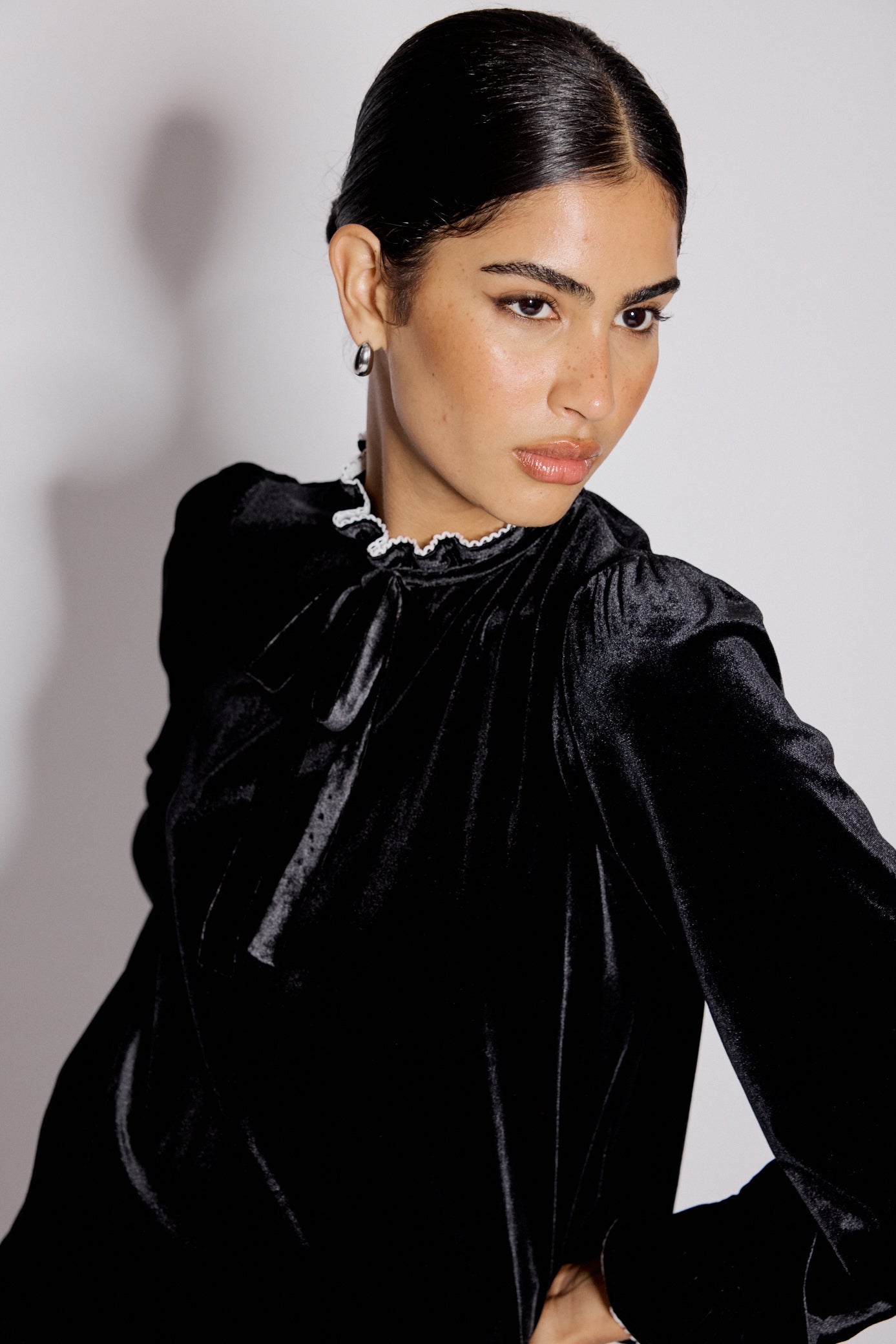 Black Velvet Frill Trim Blouse