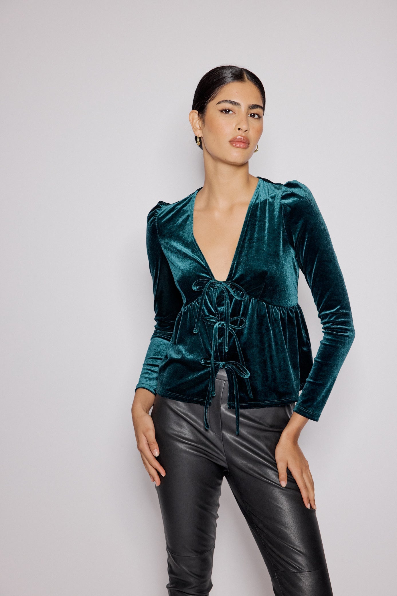Green Velvet Tie Front Top