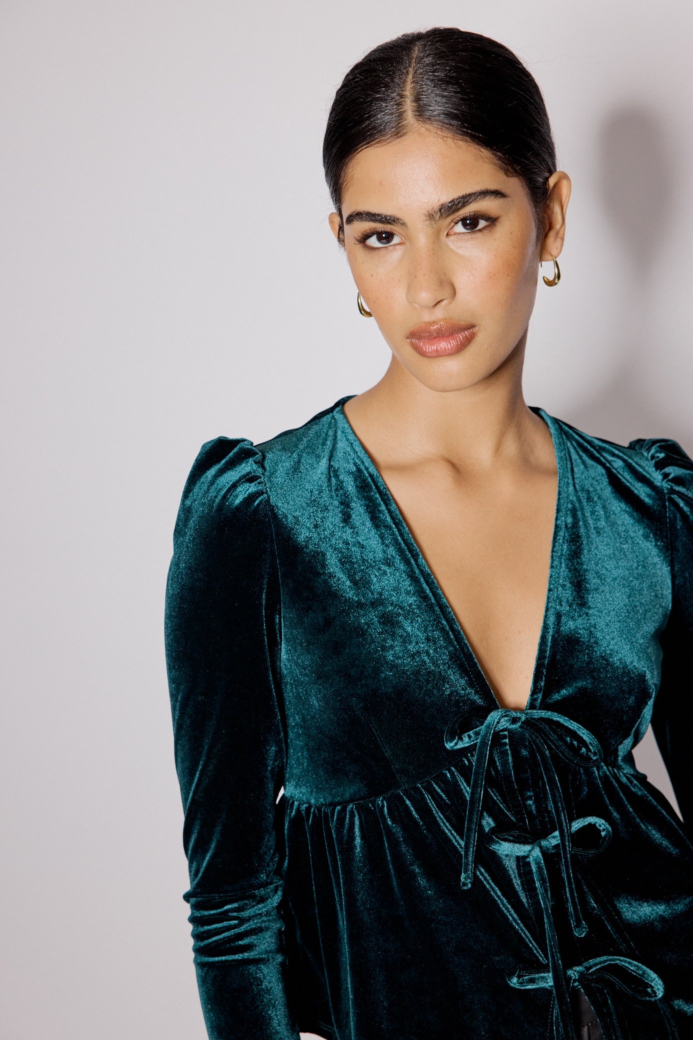 Green Velvet Tie Front Top