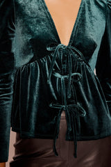 Green Velvet Tie Front Top