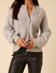Grey Floral Embroidered Crew Neck Cardigan